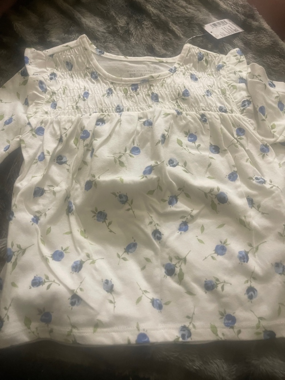 Children's Floral Smocked White Top with Blue Roses